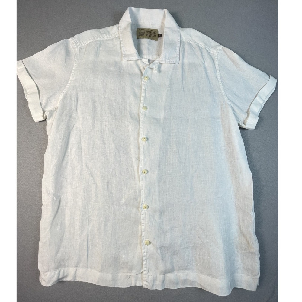 John Lewis & Co Shirt Mens XL White Linen Short Sleeve Button Up Camp‎ Collar